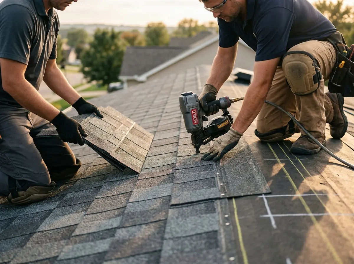 Professional roofer working on a residential roof in Pahokee